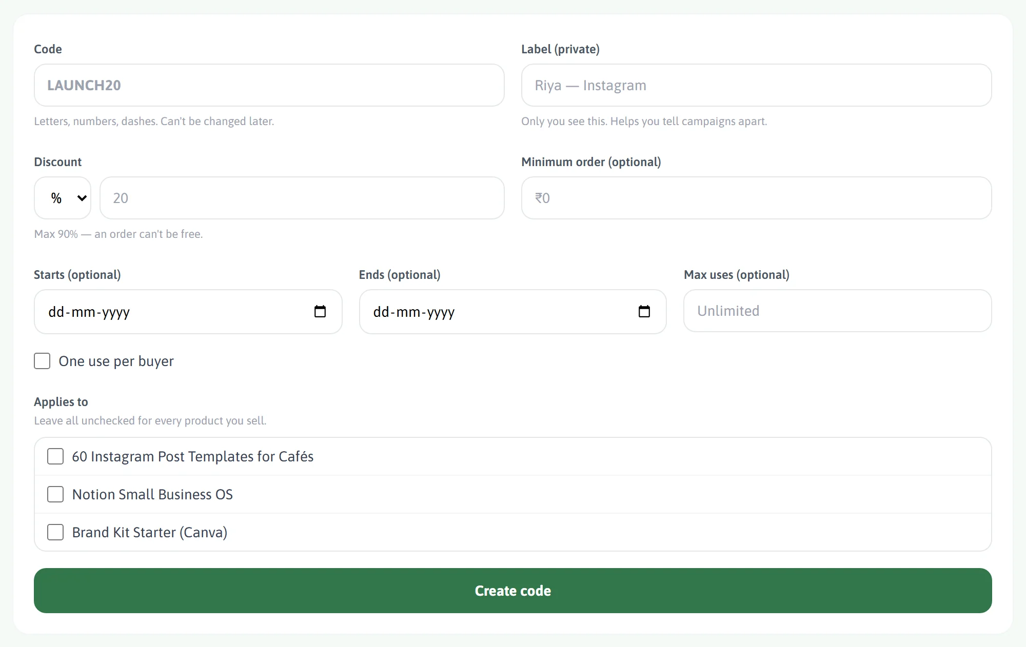 Create discount codes · MintLink Help